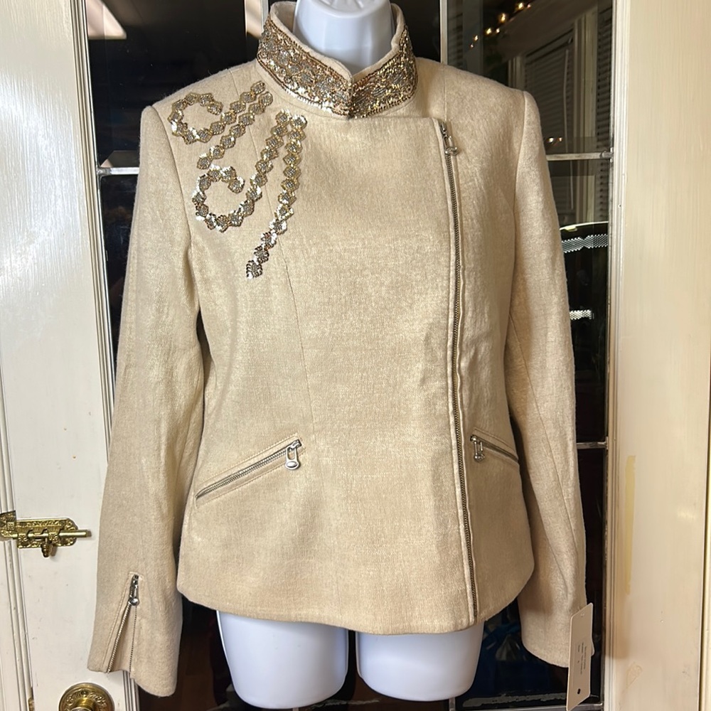 NWT Silvio Tossi Swiss Made Virgin Wool Linen Jacket Sequin Blazer Size 6